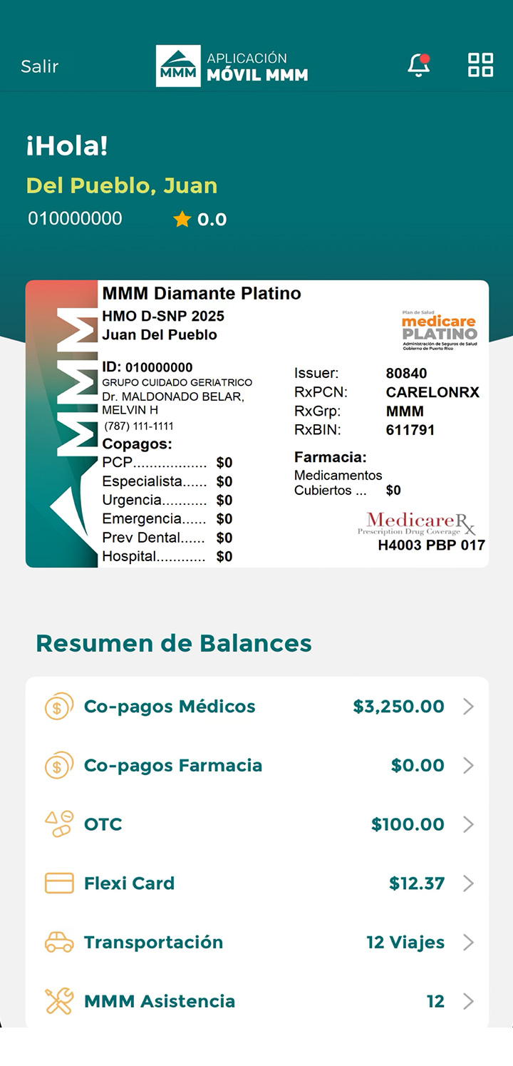 Pantalla de la Aplicación Móvil MMM con el resumen de balances